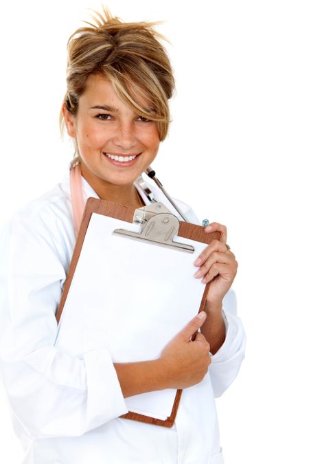 friendly woman doctor smiling isolated over a white background