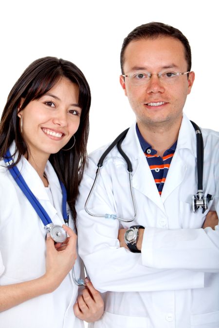 couple of doctors  smiling isolated over a white background