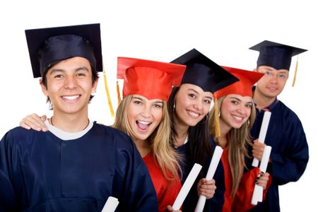 group of graduation students looking happy isolated on white