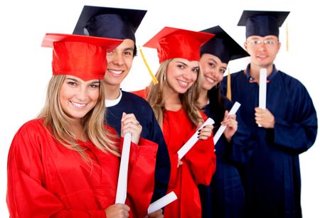 group of graduation students looking happy isolated on white