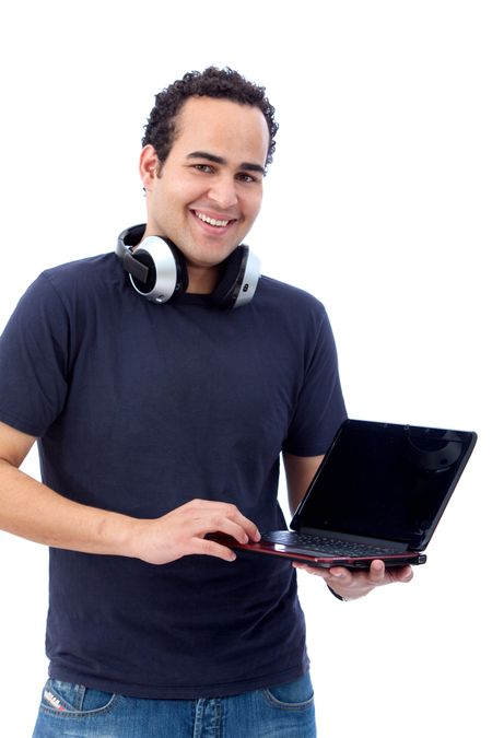 Man with a computer and headphones isolated