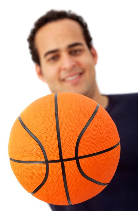 Man with a basketball smiling isolated on white