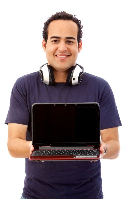 Man with a laptop and earphones isolated