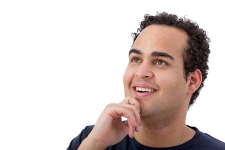 Pensive man portrait isolated on white and smiling