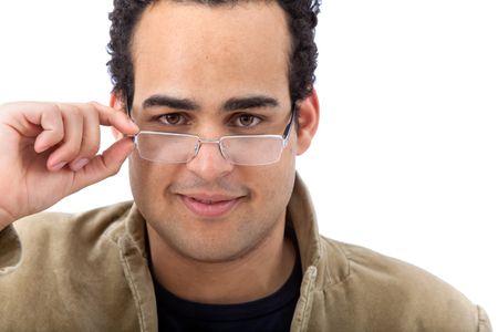 Casual man taking off his eyeglasses isolated