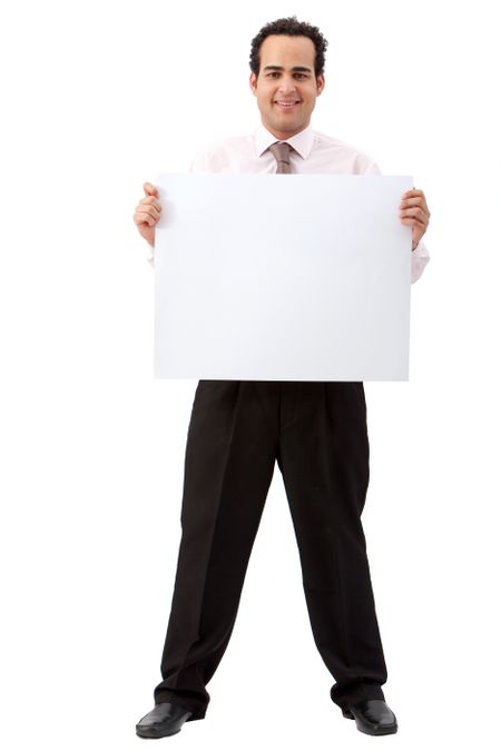 fullbody business man with a banner isolated on white