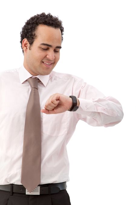 Business man looking at the time in his watch isolated