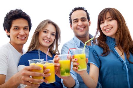 Group of friends with cocktails smiling isolated