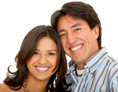 Beautiful couple portrait smiling isolated over white