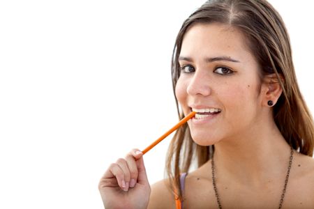 Pensive girl portrait with a pencil isolated on white