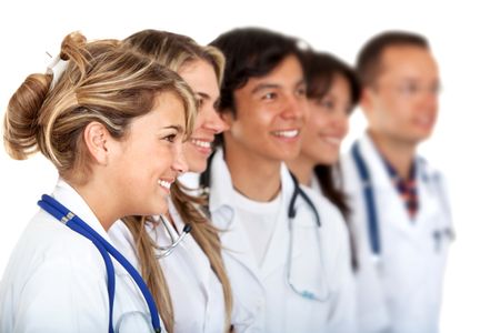 Group of doctors smiling isolated over white