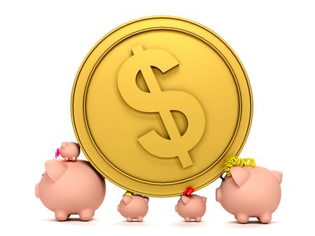 Piggybank family carrying a coin isolated on white