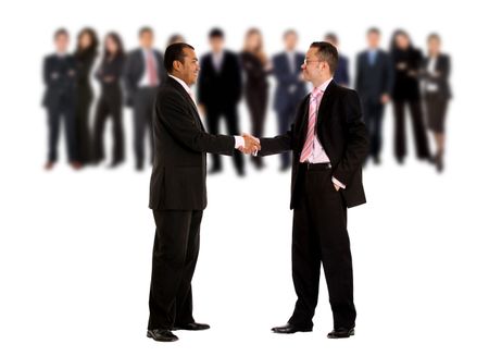 business men shaking hands with their teams behind them - isolated over a white background