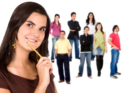 group of casual happy people smiling and standing isolated over a white background