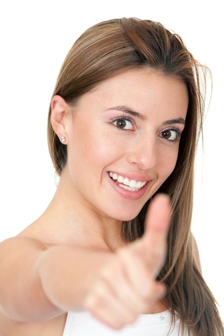 casual woman smiling with her thumb up - isolated