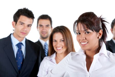 Business woman and her team isolated over white background