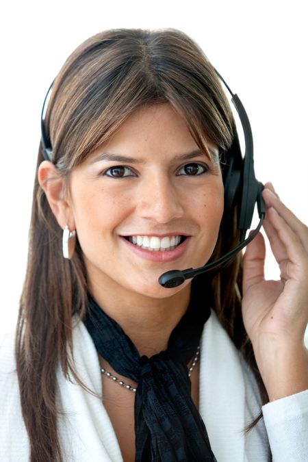 customer support operator woman smiling - isolated over white