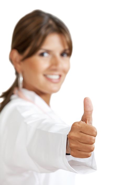 Female doctor with her thumbs up isolated on white focus on hand