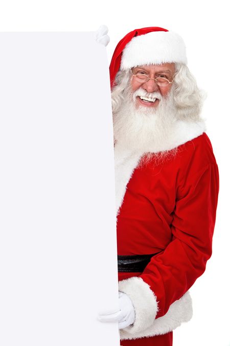 Santa Claus holding a banner and smiling isolated