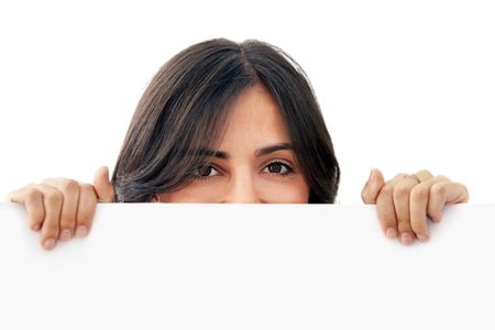 Woman holding a banner isolated over a white background