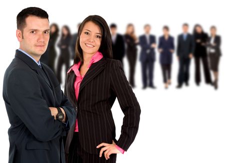 Business couple with a team isolated over a white background