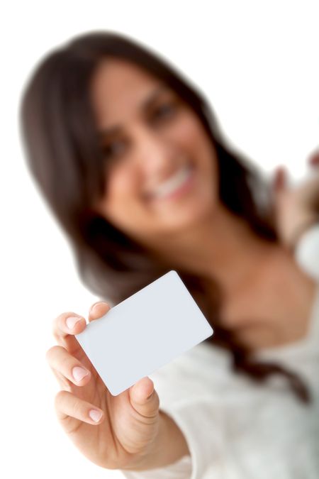 woman with a business card isolated over a white background