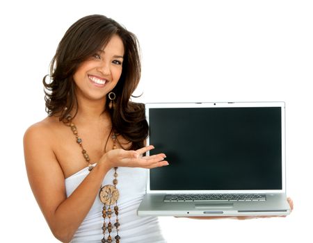 Woman displaying a laptop isolated over a white background