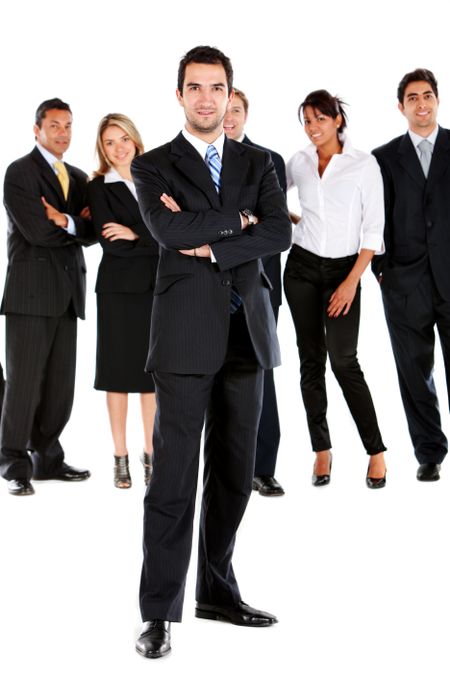 Business man leading a group of executives isolated over a white background