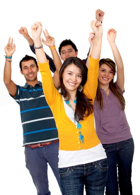 Excited group of young people isolated over a white background