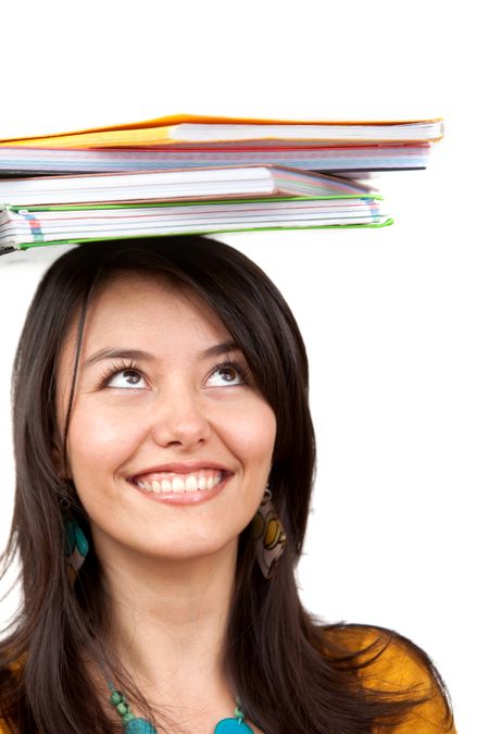 Female student with notebooks isolated over a white background