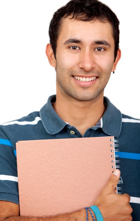 Male student with a notebook isolated over a white background