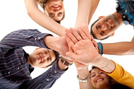 People with their hands together in the middle isolated over a white background