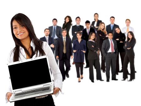 Business woman with a laptop and her team isolated over a white background