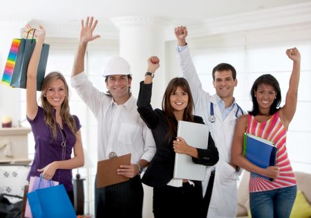 Excited group of people with different professions indoors