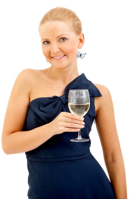 Woman in a cocktail dress with a wineglass isolated over a white background
