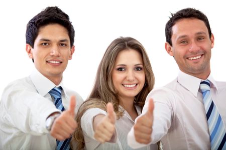 Thumbs up business team isolated over a white background