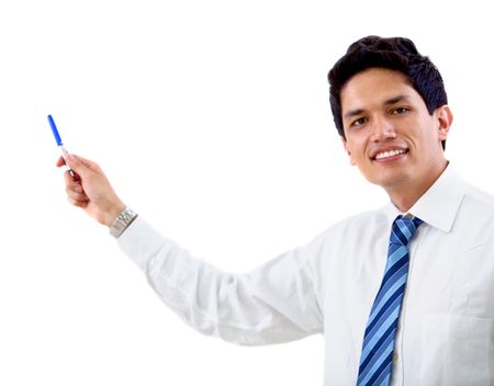 Business man pointing at something isolated over a white background