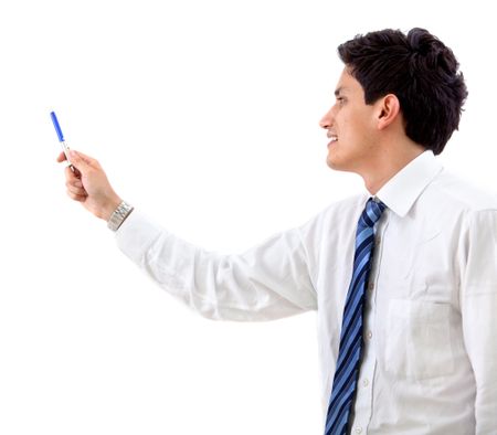 Business man pointing at something isolated over a white background