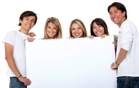 Group of people with a banner isolated over a white background