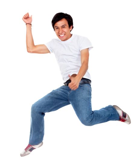 Happy man jumping from excitement isolated over a white background