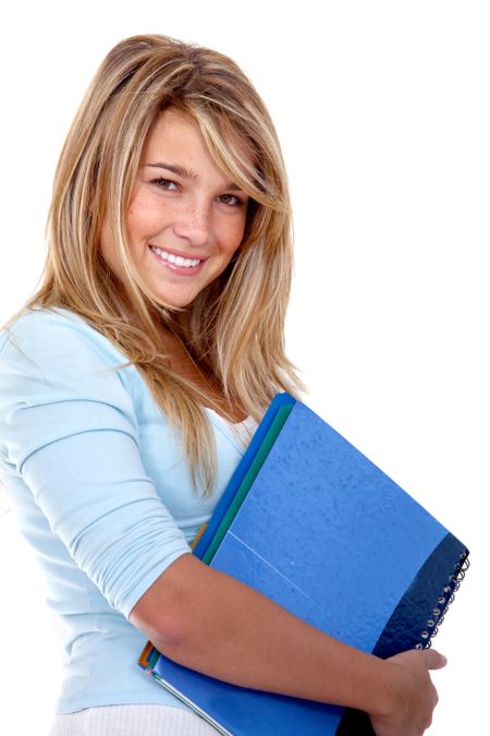 Beautiful female student with a notebook isolated over a white background