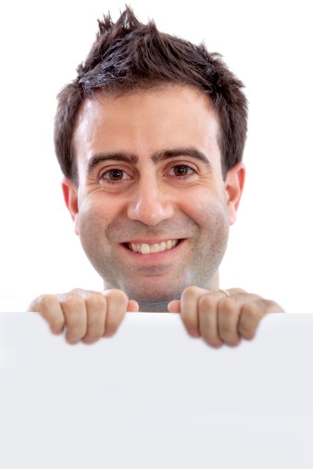 Man smiling with a banner isolated over a white background