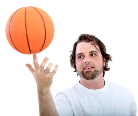 Man spinning a basketball isolated over a white background