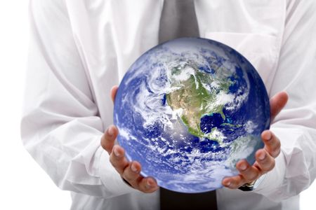 Business woman holding globe isolated over a white background