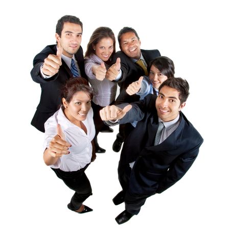 Businessgroup with thumbs up isolated on white