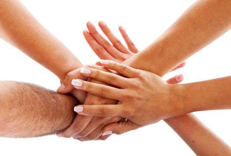 People teamwork with hands together isolated on white