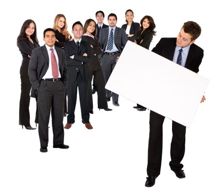 Business team holding a banner ad isolated on white