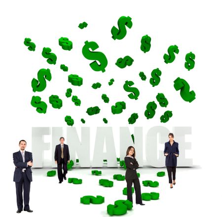 Businesspeople and dollar symbols raining over word finance isolated over white