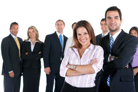 business couple smiling with their team behind them over a white background