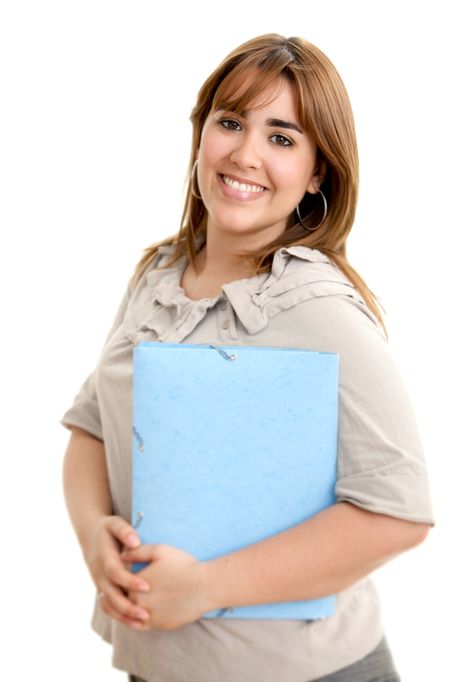 beautiful student with a notebook smiling isolated over white